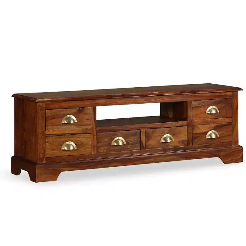 vidaXL Solid Sheesham Wood TV Stand with Honey Finish, Large Open Compartment and 6 Spacious Drawers, Handmade and Elegant Design