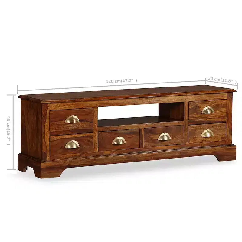 vidaXL Solid Sheesham Wood TV Stand with Honey Finish, Large Open Compartment and 6 Spacious Drawers, Handmade and Elegant Design