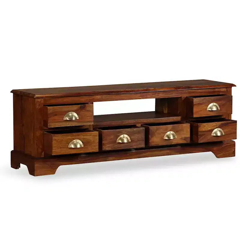vidaXL Solid Sheesham Wood TV Stand with Honey Finish, Large Open Compartment and 6 Spacious Drawers, Handmade and Elegant Design