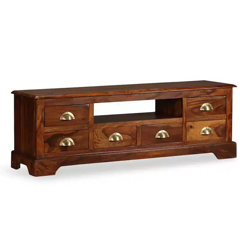 vidaXL Solid Sheesham Wood TV Stand with Honey Finish, Large Open Compartment and 6 Spacious Drawers, Handmade and Elegant Design