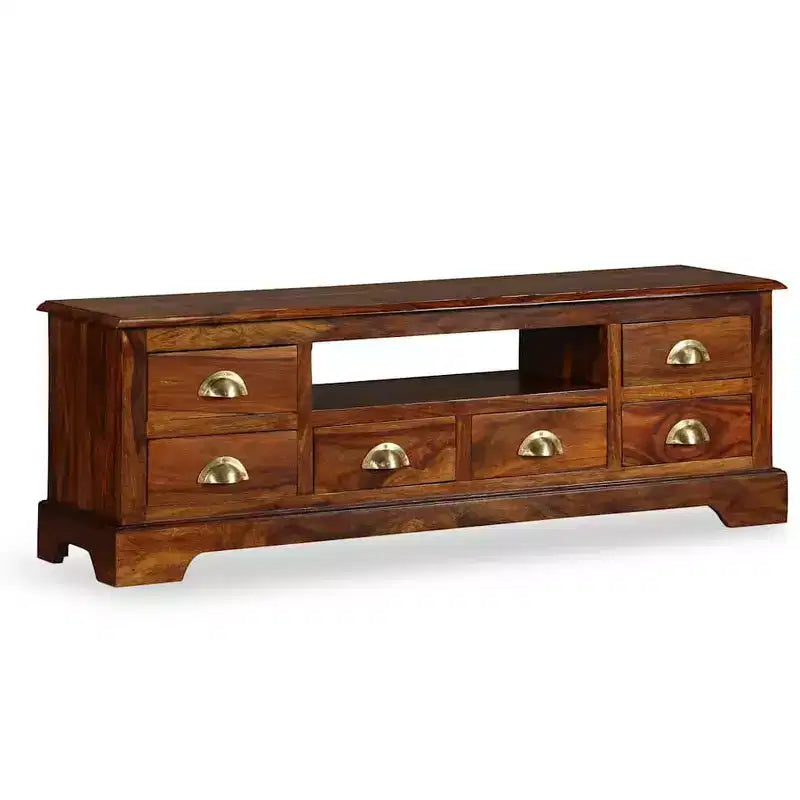 vidaXL Solid Sheesham Wood TV Stand with Honey Finish, Large Open Compartment and 6 Spacious Drawers, Handmade and Elegant Design