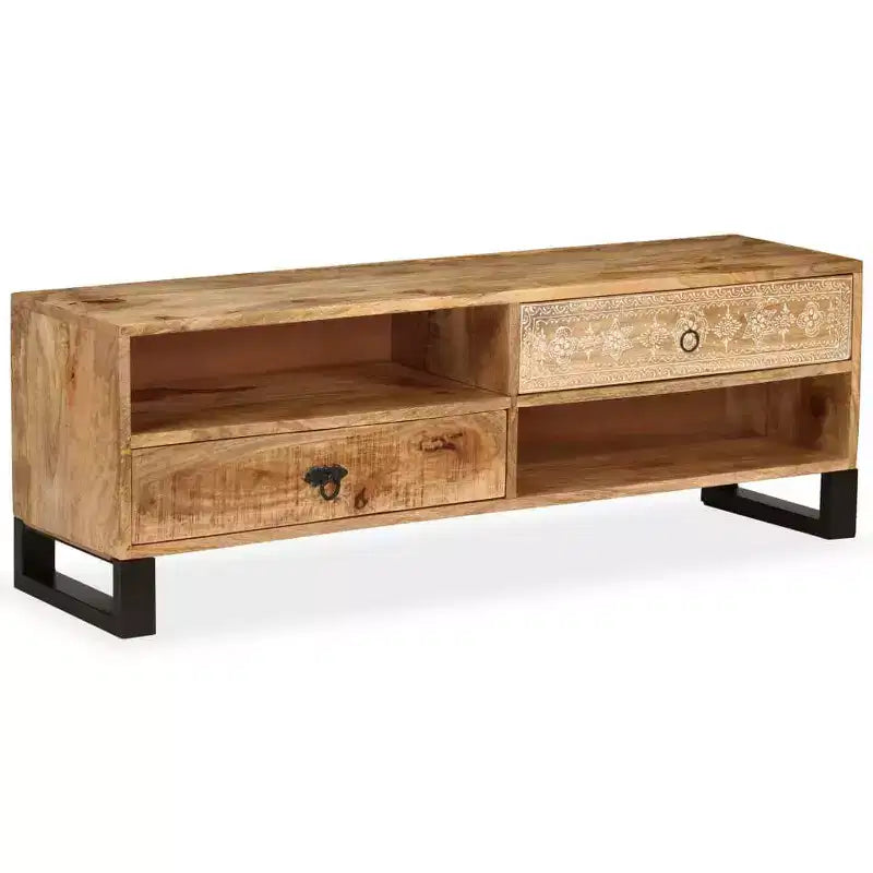 vidaXL Solid Mango Wood TV Stand - Handmade with Steel Legs and Hand-Painted Retro Style - Includes 2 Shelves and 2 Drawers - Brown