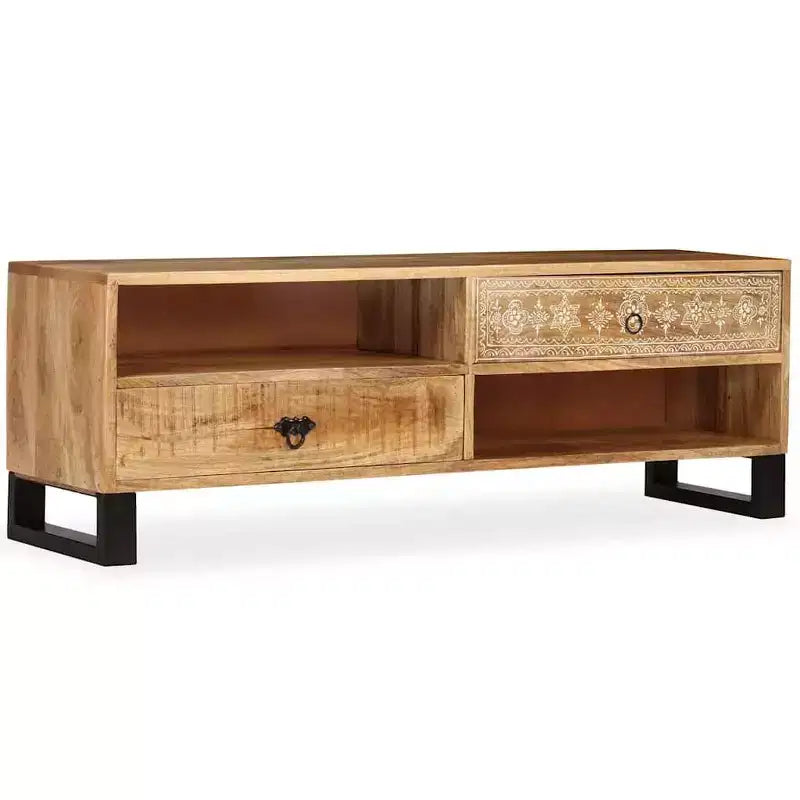vidaXL Solid Mango Wood TV Stand - Handmade with Steel Legs and Hand-Painted Retro Style - Includes 2 Shelves and 2 Drawers - Brown
