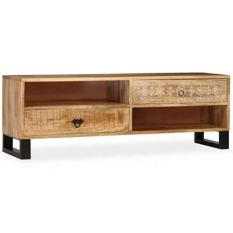 vidaXL Solid Mango Wood TV Stand - Handmade with Steel Legs and Hand-Painted Retro Style - Includes 2 Shelves and 2 Drawers - Brown