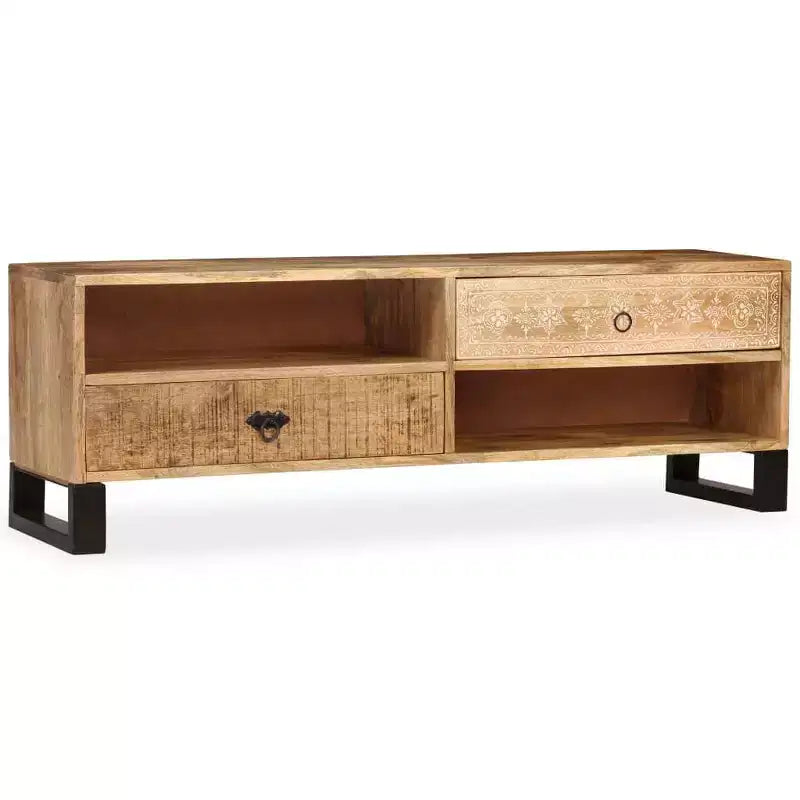 vidaXL Solid Mango Wood TV Stand - Handmade with Steel Legs and Hand-Painted Retro Style - Includes 2 Shelves and 2 Drawers - Brown