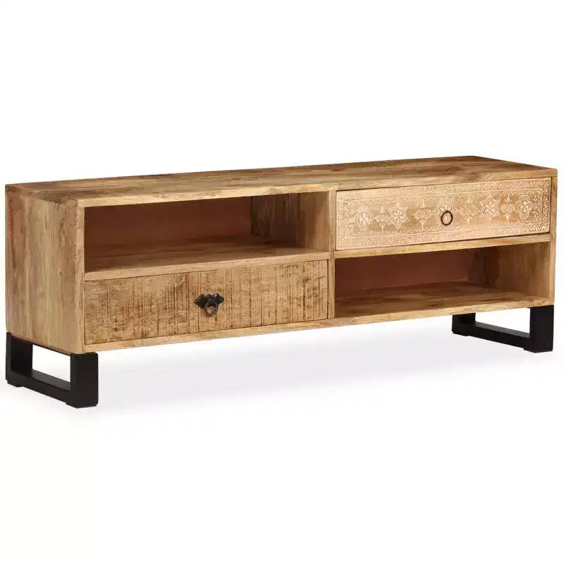vidaXL Solid Mango Wood TV Stand - Handmade with Steel Legs and Hand-Painted Retro Style - Includes 2 Shelves and 2 Drawers - Brown