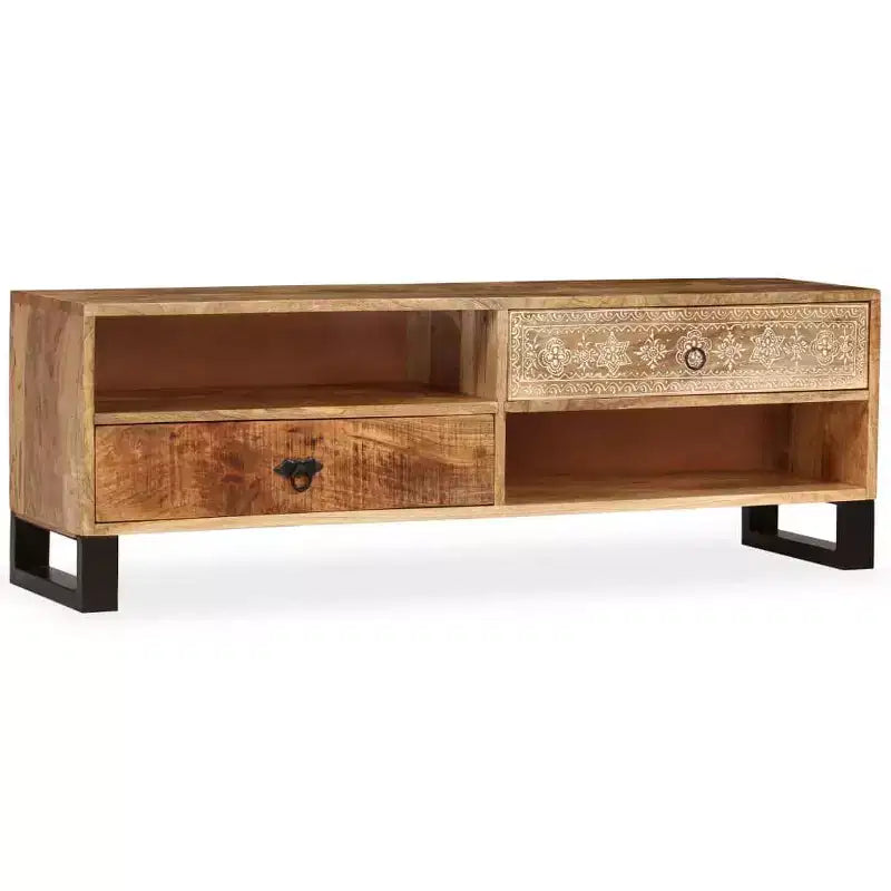 vidaXL Solid Mango Wood TV Stand - Handmade with Steel Legs and Hand-Painted Retro Style - Includes 2 Shelves and 2 Drawers - Brown