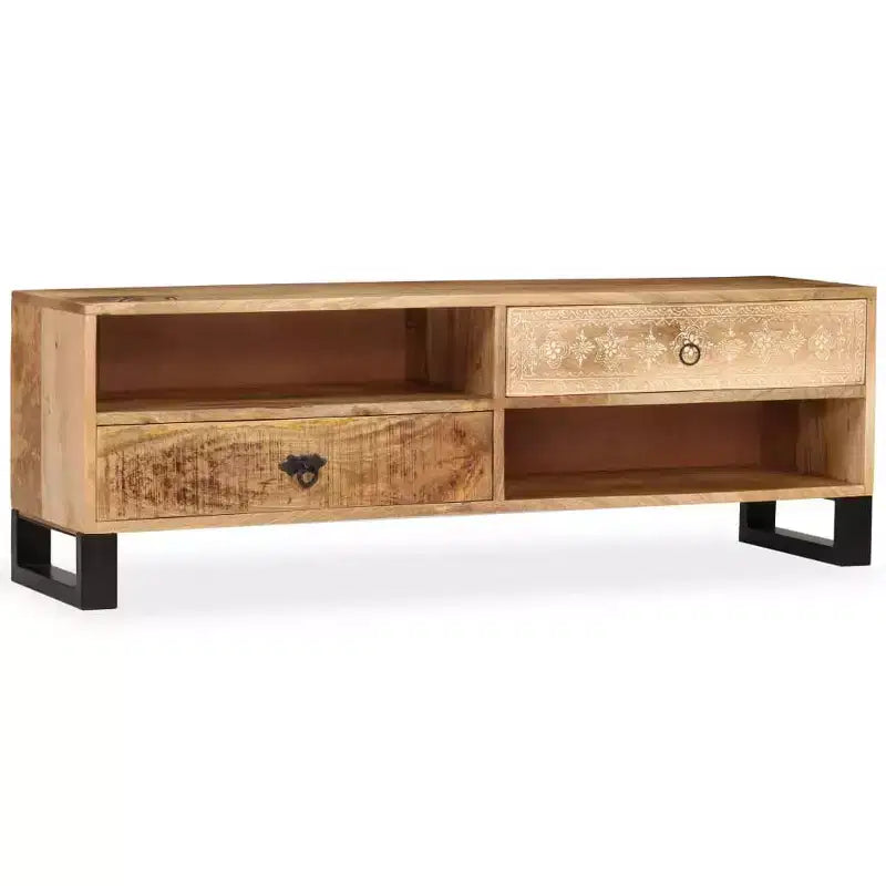 vidaXL Solid Mango Wood TV Stand - Handmade with Steel Legs and Hand-Painted Retro Style - Includes 2 Shelves and 2 Drawers - Brown
