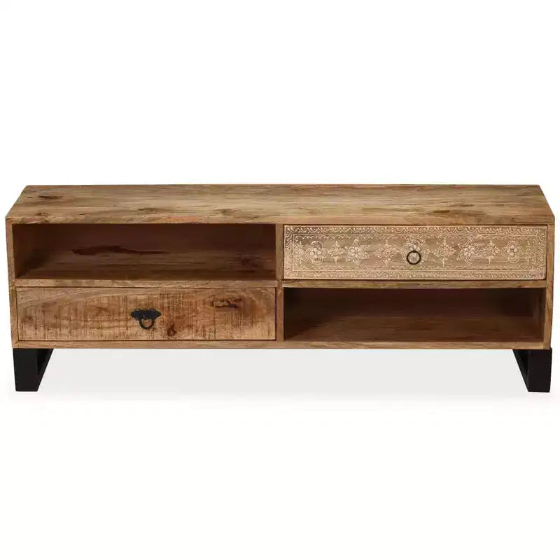 vidaXL Solid Mango Wood TV Stand - Handmade with Steel Legs and Hand-Painted Retro Style - Includes 2 Shelves and 2 Drawers - Brown