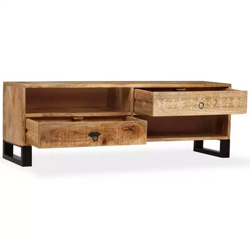vidaXL Solid Mango Wood TV Stand - Handmade with Steel Legs and Hand-Painted Retro Style - Includes 2 Shelves and 2 Drawers - Brown