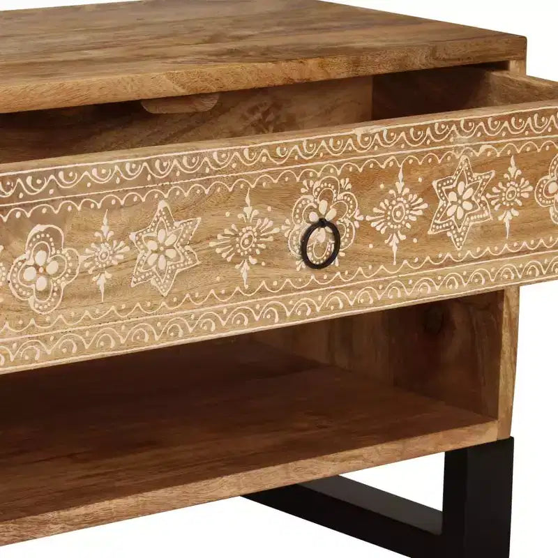 vidaXL Solid Mango Wood TV Stand - Handmade with Steel Legs and Hand-Painted Retro Style - Includes 2 Shelves and 2 Drawers - Brown