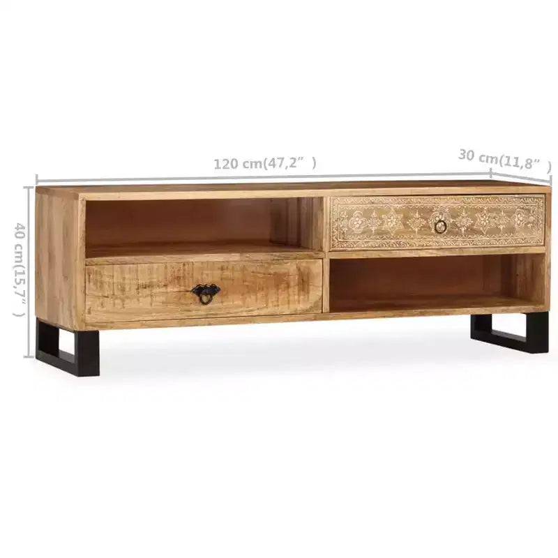 vidaXL Solid Mango Wood TV Stand - Handmade with Steel Legs and Hand-Painted Retro Style - Includes 2 Shelves and 2 Drawers - Brown