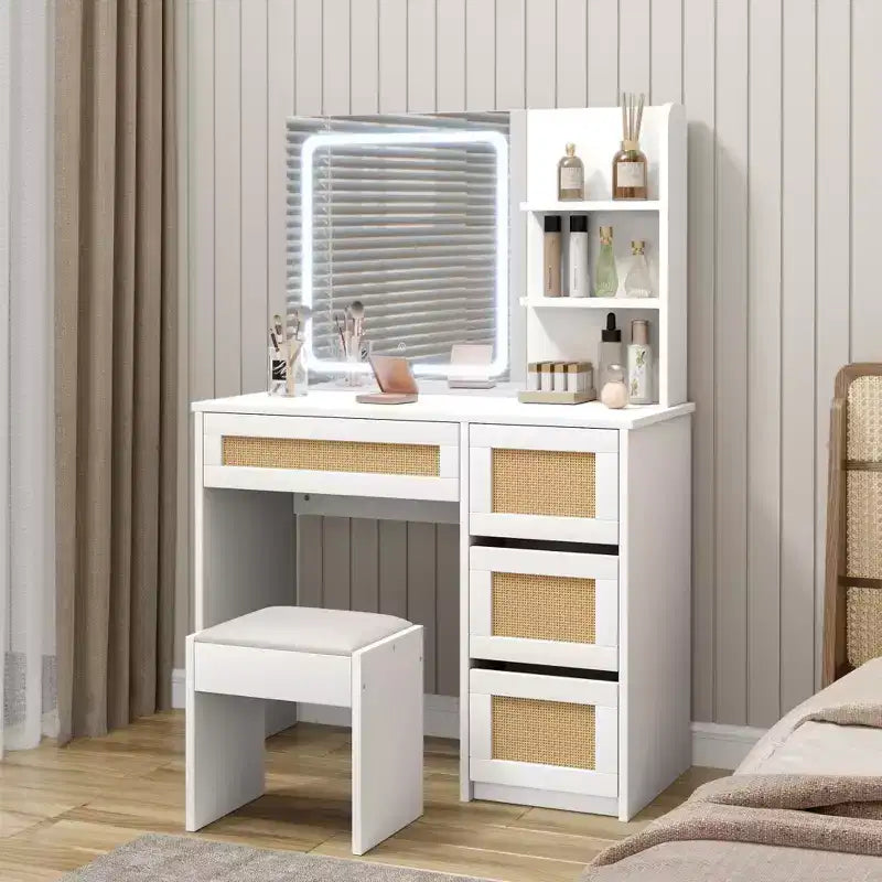 Mirror Dressing Table with Particle Board, Rattan Weave Surface, White