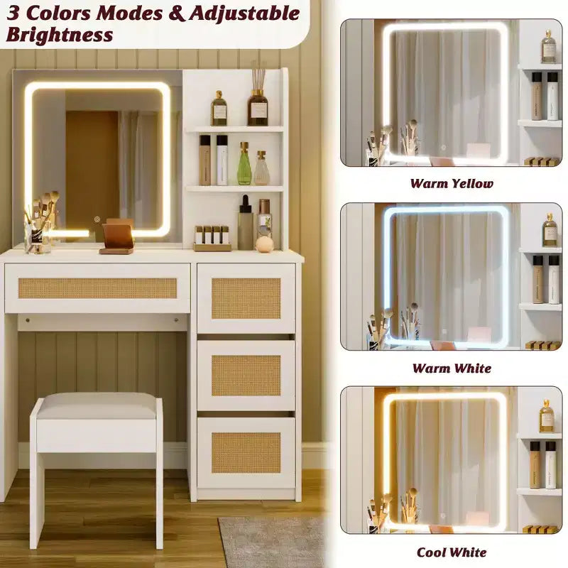 Mirror Dressing Table with Particle Board, Rattan Weave Surface, White