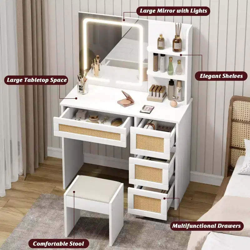 Mirror Dressing Table with Particle Board, Rattan Weave Surface, White