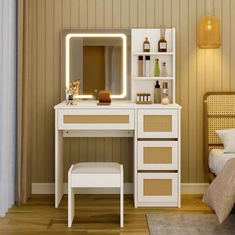 Mirror Dressing Table with Particle Board, Rattan Weave Surface, White