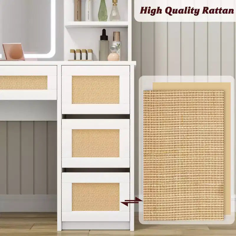Mirror Dressing Table with Particle Board, Rattan Weave Surface, White