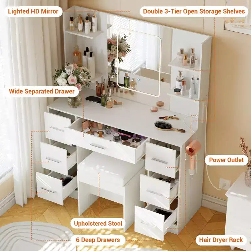 Vanity Desk with Mirror, Led Lights, Power Outlet and Stool, Makeup Vanity Table with 7 Drawers and 6 Storage Shelves, 3 Color Modes, Dressing Table