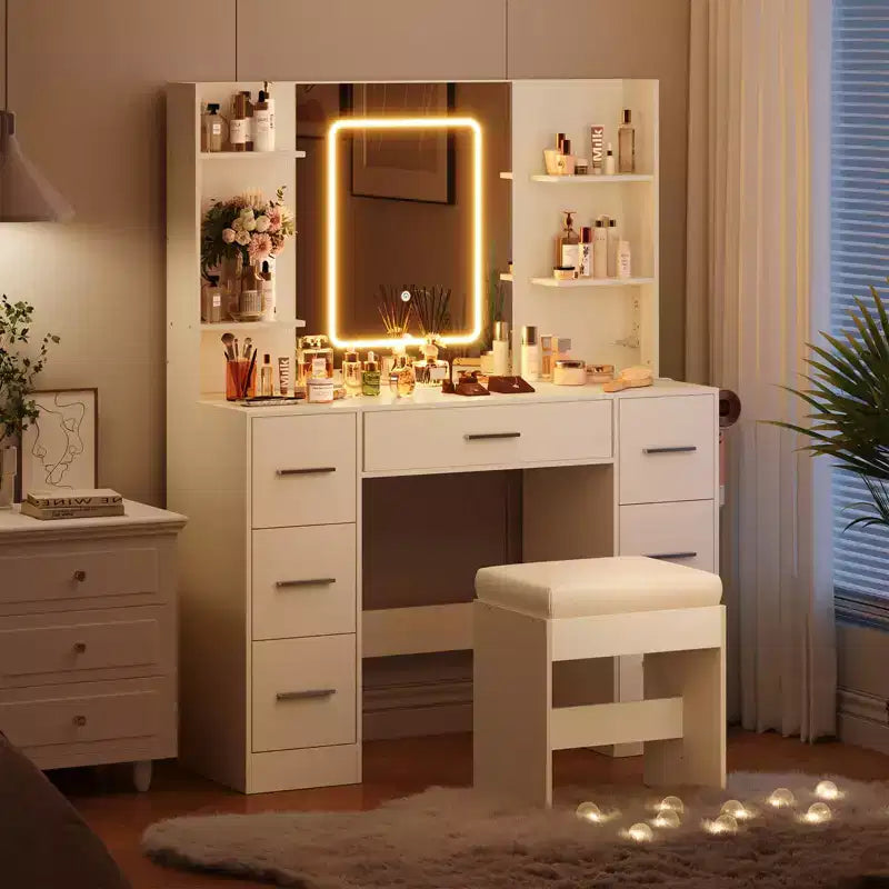 Vanity Desk with Mirror, Led Lights, Power Outlet and Stool, Makeup Vanity Table with 7 Drawers and 6 Storage Shelves, 3 Color Modes, Dressing Table