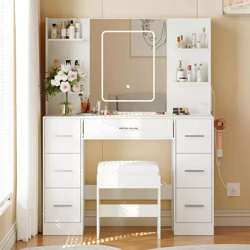 Vanity Desk with Mirror, Led Lights, Power Outlet and Stool, Makeup Vanity Table with 7 Drawers and 6 Storage Shelves, 3 Color Modes, Dressing Table