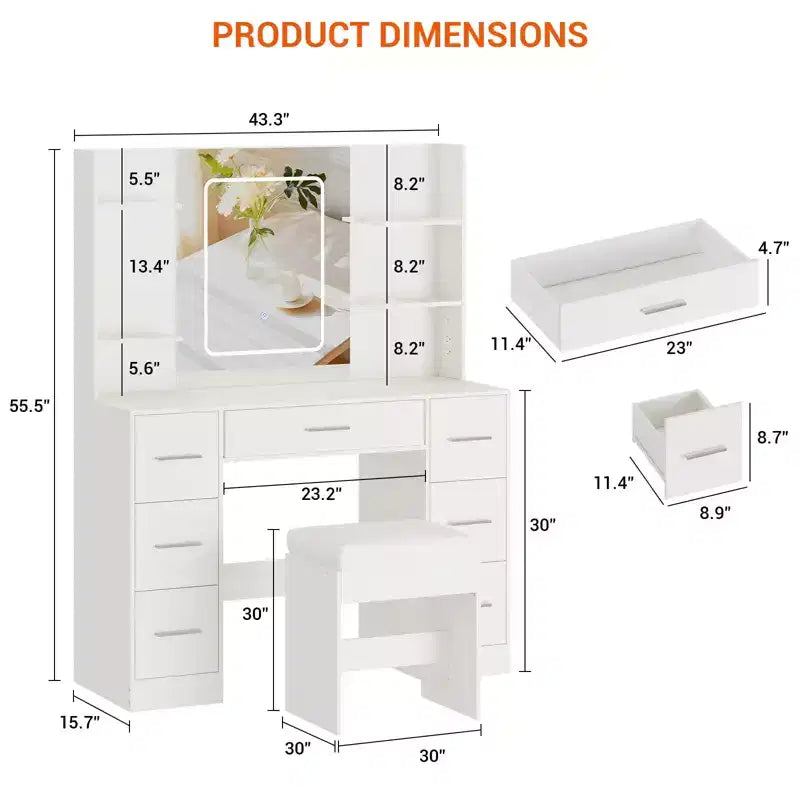 Vanity Desk with Mirror, Led Lights, Power Outlet and Stool, Makeup Vanity Table with 7 Drawers and 6 Storage Shelves, 3 Color Modes, Dressing Table