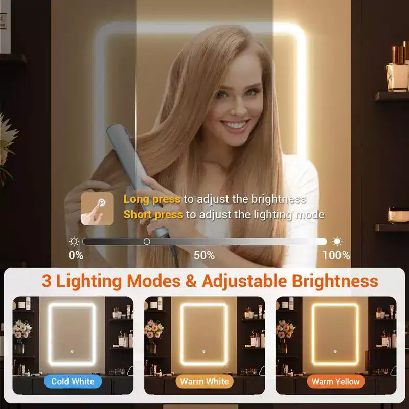 Vanity Desk with Mirror, Led Lights, Power Outlet and Stool, Makeup Vanity Table with 7 Drawers and 6 Storage Shelves, 3 Color Modes, Dressing Table