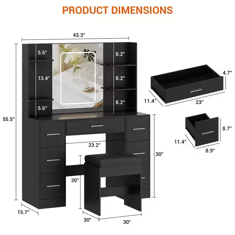 Vanity Desk with Mirror, Led Lights, Power Outlet and Stool, Makeup Vanity Table with 7 Drawers and 6 Storage Shelves, 3 Color Modes, Dressing Table