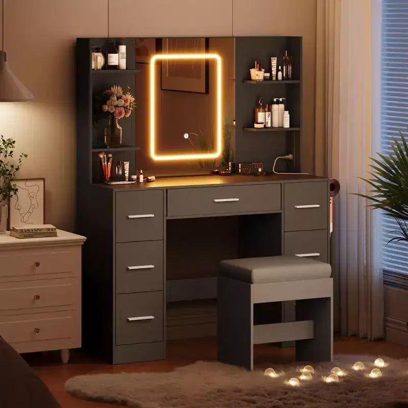 Vanity Desk with Mirror, Led Lights, Power Outlet and Stool, Makeup Vanity Table with 7 Drawers and 6 Storage Shelves, 3 Color Modes, Dressing Table