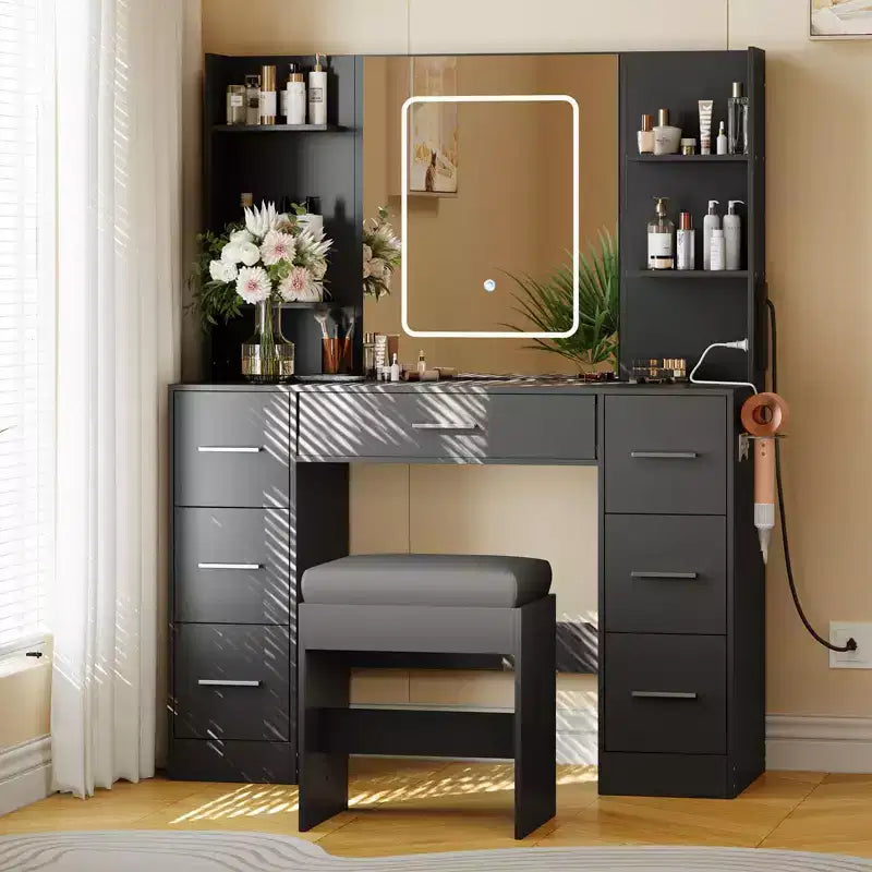 Vanity Desk with Mirror, Led Lights, Power Outlet and Stool, Makeup Vanity Table with 7 Drawers and 6 Storage Shelves, 3 Color Modes, Dressing Table