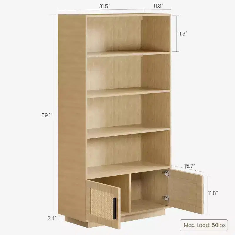 Acekool 5-Tier Boho Bookshelf with Rattan Doors, Tall Wooden Bookcase with Storage, Book Stand for Living Room, Bedroom, Office, Kitchen