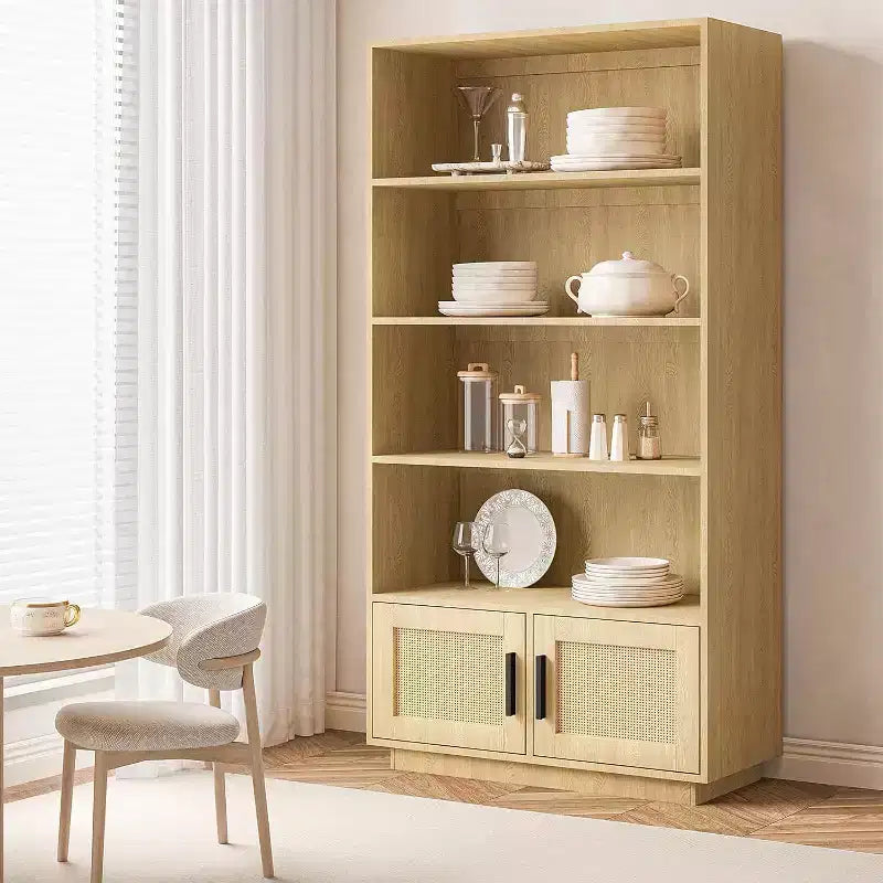Acekool 5-Tier Boho Bookshelf with Rattan Doors, Tall Wooden Bookcase with Storage, Book Stand for Living Room, Bedroom, Office, Kitchen