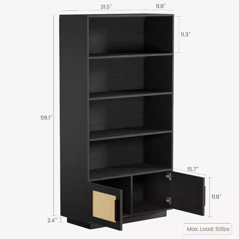 Acekool 5-Tier Boho Bookshelf with Rattan Doors, Tall Wooden Bookcase with Storage, Book Stand for Living Room, Bedroom, Office, Kitchen