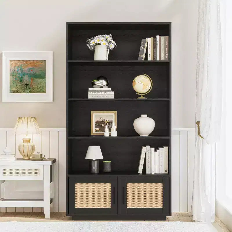 Acekool 5-Tier Boho Bookshelf with Rattan Doors, Tall Wooden Bookcase with Storage, Book Stand for Living Room, Bedroom, Office, Kitchen
