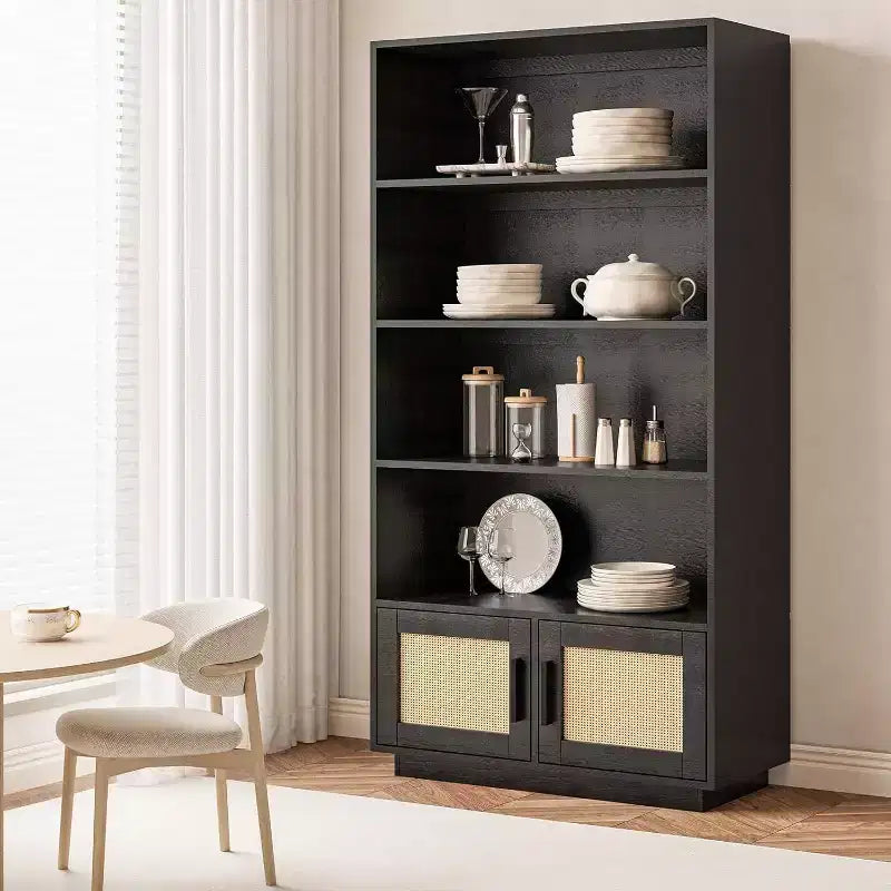 Acekool 5-Tier Boho Bookshelf with Rattan Doors, Tall Wooden Bookcase with Storage, Book Stand for Living Room, Bedroom, Office, Kitchen