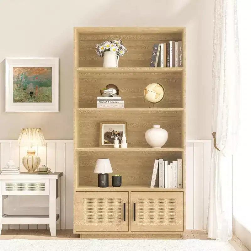 Acekool 5-Tier Boho Bookshelf with Rattan Doors, Tall Wooden Bookcase with Storage, Book Stand for Living Room, Bedroom, Office, Kitchen
