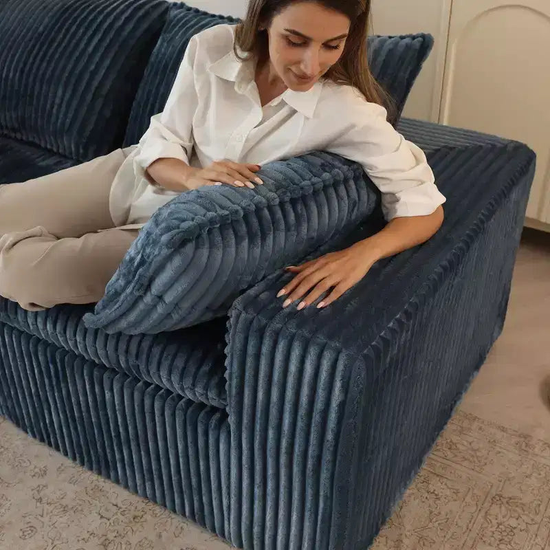 78.8 Blue Cloud Sofa with Ottoman, Corduroy Fabric Deep Seat Couches Double-layer design,Removable Cushion No Assembly