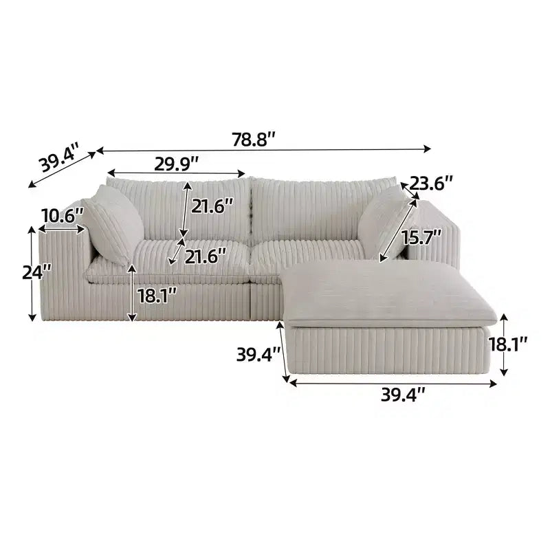 78.8 Blue Cloud Sofa with Ottoman, Corduroy Fabric Deep Seat Couches Double-layer design,Removable Cushion No Assembly