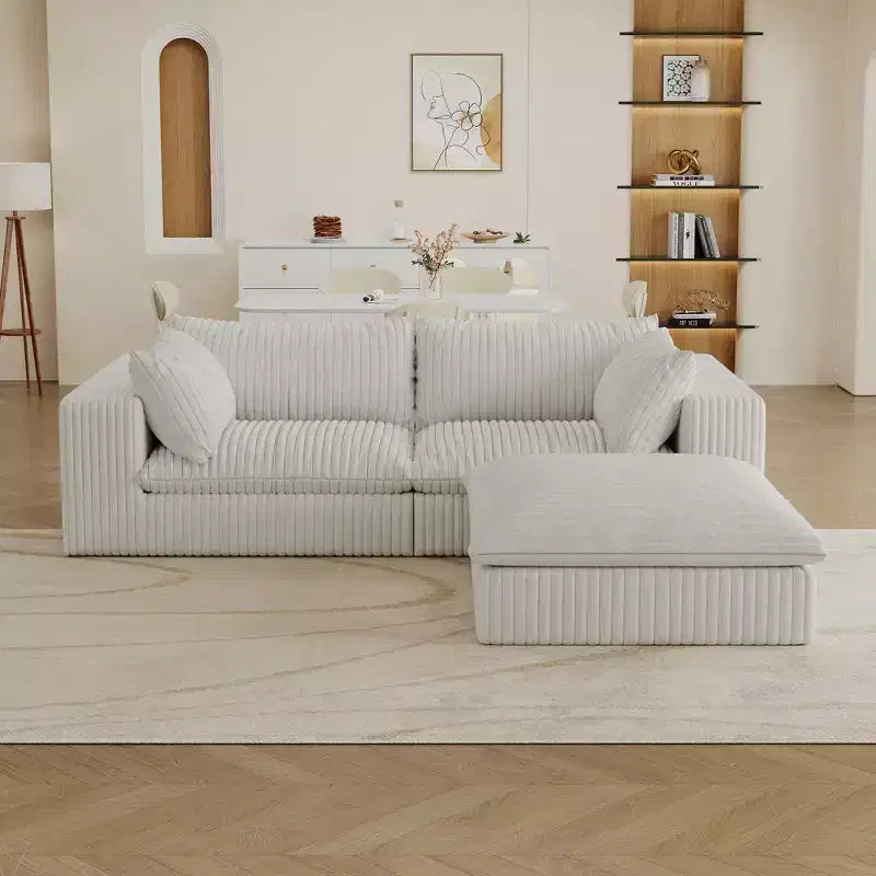78.8 Blue Cloud Sofa with Ottoman, Corduroy Fabric Deep Seat Couches Double-layer design,Removable Cushion No Assembly
