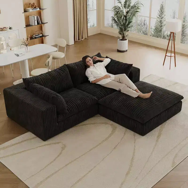 78.8 Blue Cloud Sofa with Ottoman, Corduroy Fabric Deep Seat Couches Double-layer design,Removable Cushion No Assembly