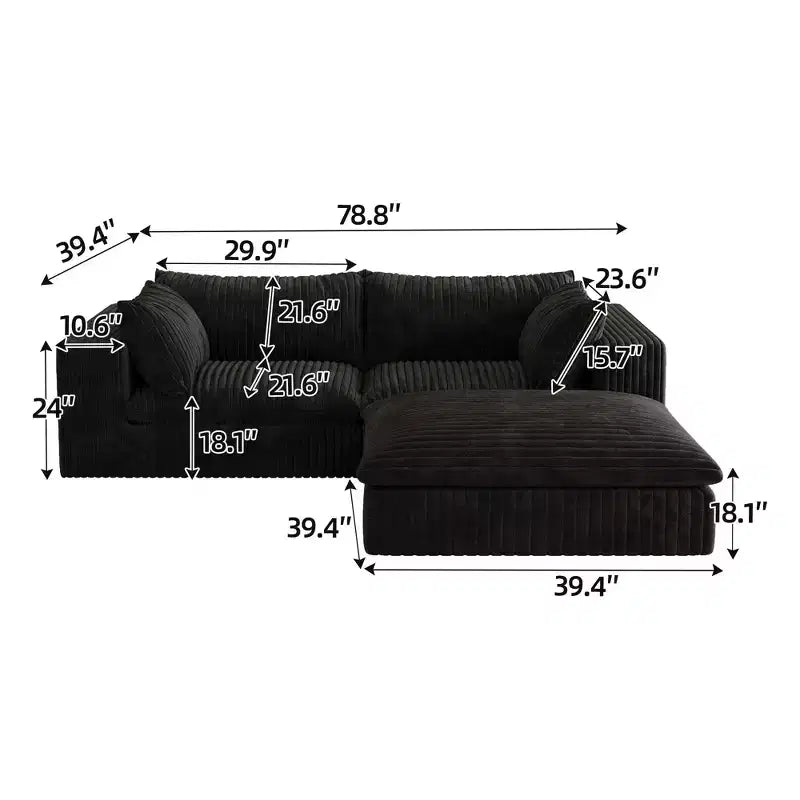 78.8 Blue Cloud Sofa with Ottoman, Corduroy Fabric Deep Seat Couches Double-layer design,Removable Cushion No Assembly