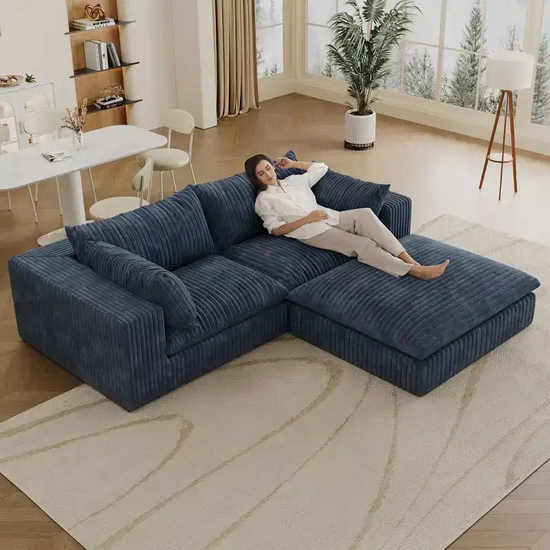 78.8 Blue Cloud Sofa with Ottoman, Corduroy Fabric Deep Seat Couches Double-layer design,Removable Cushion No Assembly