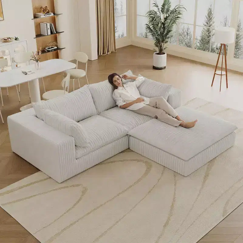 78.8 Blue Cloud Sofa with Ottoman, Corduroy Fabric Deep Seat Couches Double-layer design,Removable Cushion No Assembly