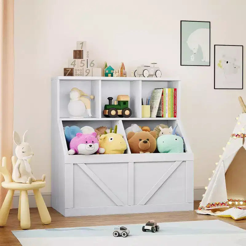 Acekool Kids Bookshelf and Toy Storage Organizer, Toy Cabinet with 3 Shelves, 2 Storage Boxes, for Playroom, Bedroom, Nursery, Vintage White