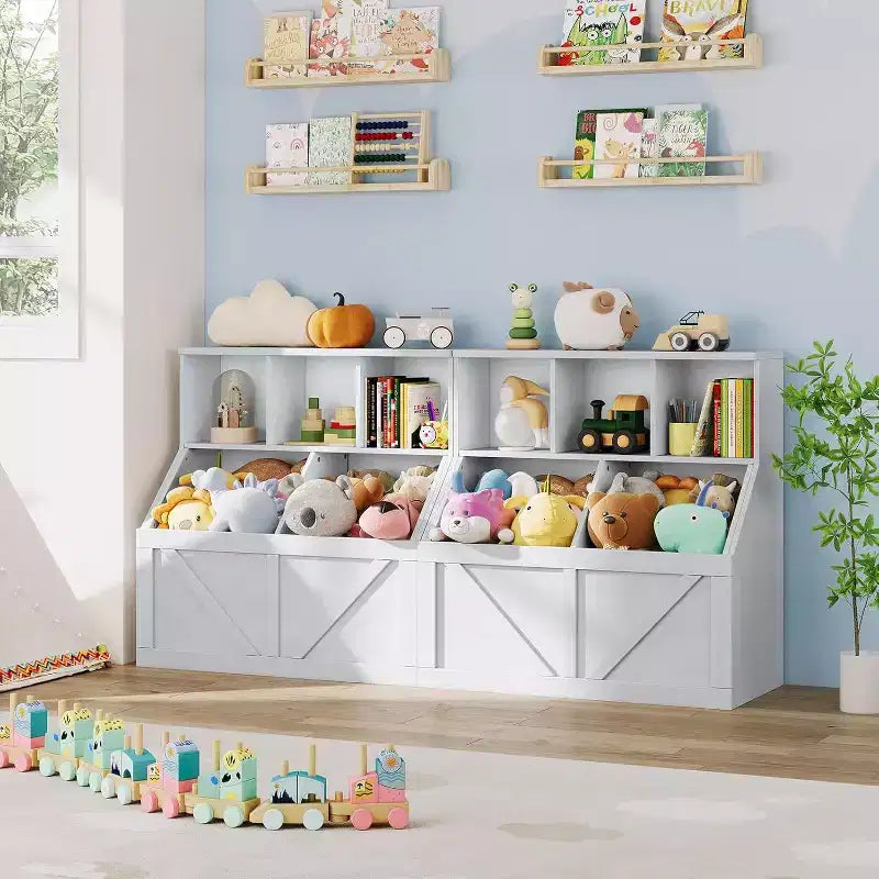 Acekool Kids Bookshelf and Toy Storage Organizer, Toy Cabinet with 3 Shelves, 2 Storage Boxes, for Playroom, Bedroom, Nursery, Vintage White