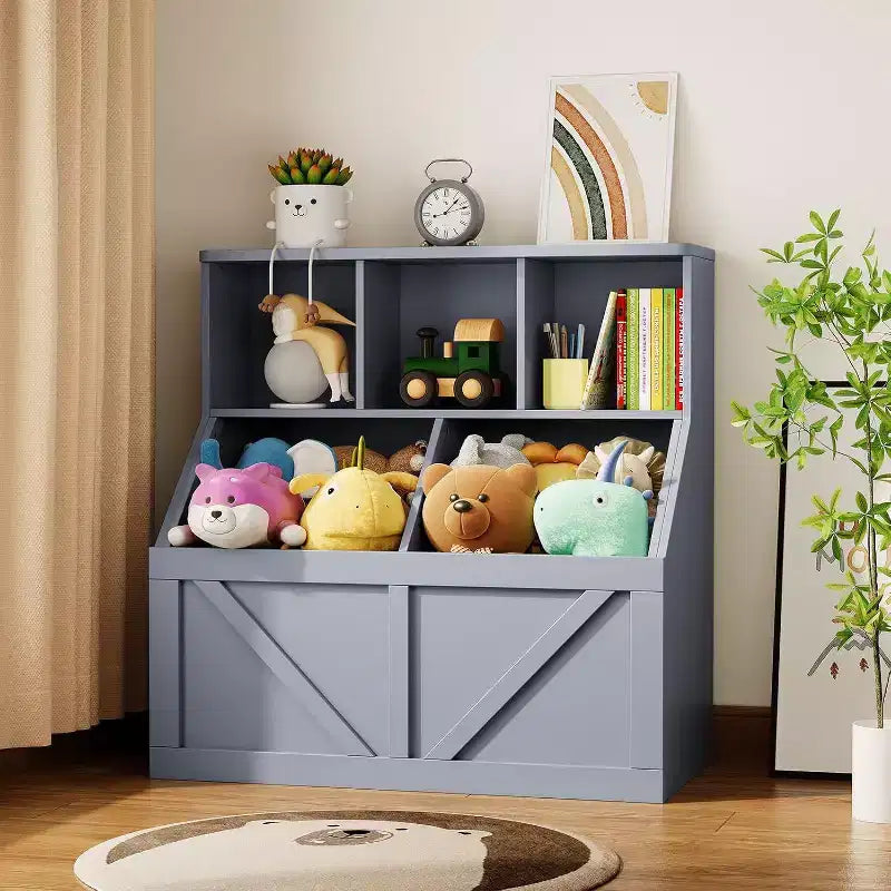 Acekool Kids Bookshelf and Toy Storage Organizer, Toy Cabinet with 3 Shelves, 2 Storage Boxes, for Playroom, Bedroom, Nursery, Vintage White