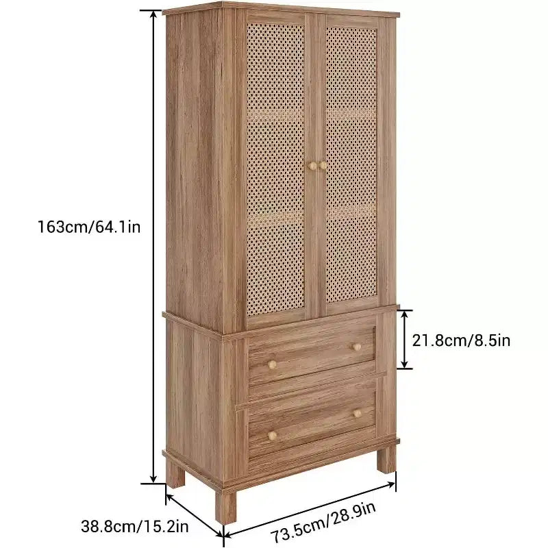 Tall Kitchen Pantry Storage Cabinet with Rattan Doors and 2 Drawers, Adjustable Shelves Utility Cupboard, Stylish Storage Solution for Kitchen