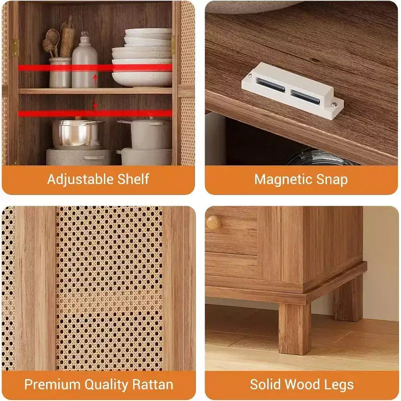Tall Kitchen Pantry Storage Cabinet with Rattan Doors and 2 Drawers, Adjustable Shelves Utility Cupboard, Stylish Storage Solution for Kitchen