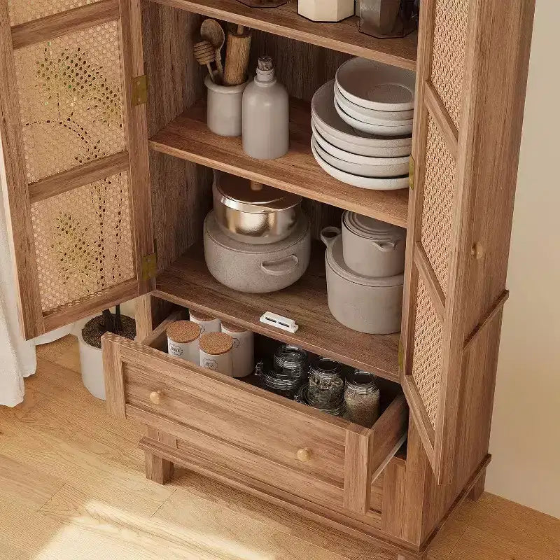 Tall Kitchen Pantry Storage Cabinet with Rattan Doors and 2 Drawers, Adjustable Shelves Utility Cupboard, Stylish Storage Solution for Kitchen