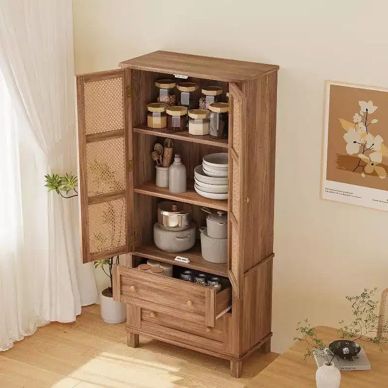 Tall Kitchen Pantry Storage Cabinet with Rattan Doors and 2 Drawers, Adjustable Shelves Utility Cupboard, Stylish Storage Solution for Kitchen