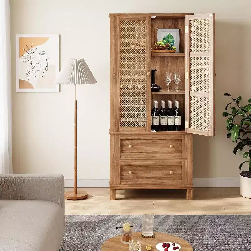 Tall Kitchen Pantry Storage Cabinet with Rattan Doors and 2 Drawers, Adjustable Shelves Utility Cupboard, Stylish Storage Solution for Kitchen